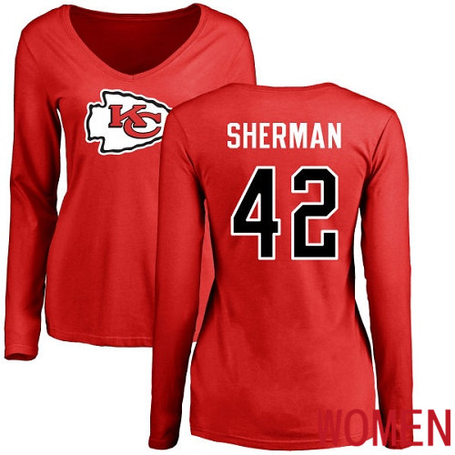 Women Kansas City Chiefs #42 Sherman Anthony Red Name and Number Logo Slim Fit Long Sleeve NFL T Shirt->nfl t-shirts->Sports Accessory